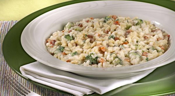 Fotografia em tons de verde em uma mesa de madeira com um jogo americano trançado colorido com um sousplat verde e um prato branco fundo com o risoto de legumes dentro dele.