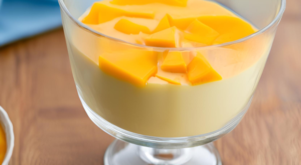 Foto da receita de Flan de Manga. Observa-se um copinho de vidro com o flan dentro amarelo e mangas picadas por cima. Imagem gerada por IA.