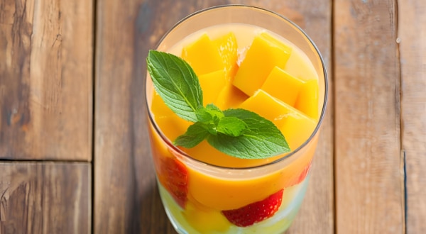 Fotografia de um copo de vidro com um refresco de frutas, com pedaços de frutas e por cima, folhas de hortelã. O copo está sobre uma mesa de madeira.