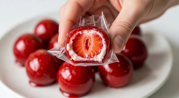 A imagem mostra uma mão segurando um doce envolto em plástico transparente, revelando um morango inteiro coberto por uma camada branca cremosa e uma fina cobertura vermelha brilhante. Ao fundo, vários desses doces estão dispostos em um prato branco.